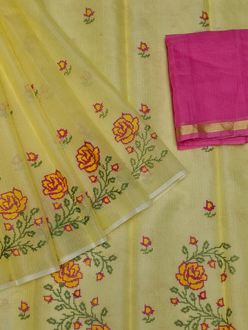 Yellow Cotton Kota Doria Embroidery Work Saree With Contrast Blouse Piece