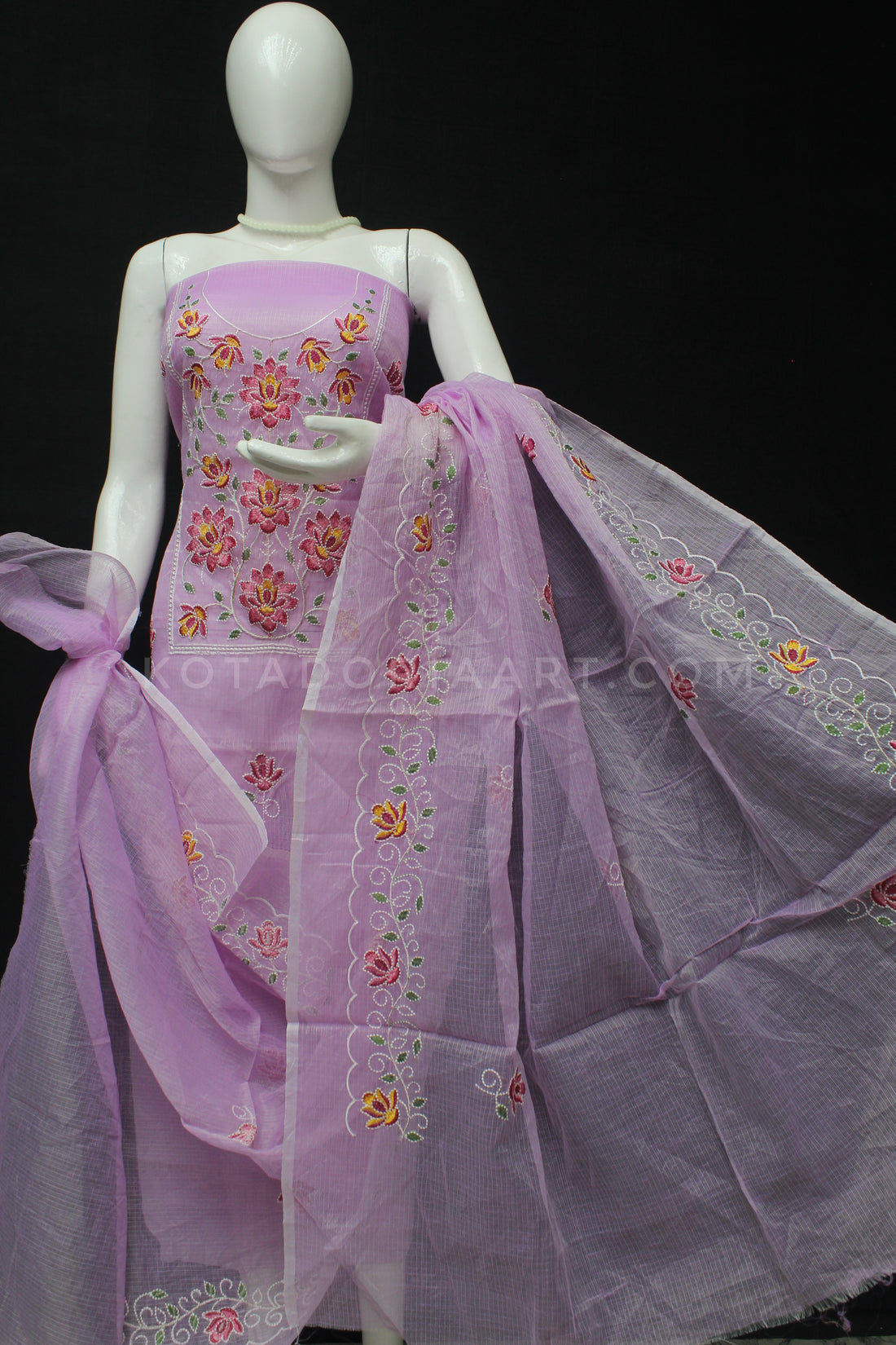 Purple Kota Doria Cotton Embroidery Work Dress Material With Bottom