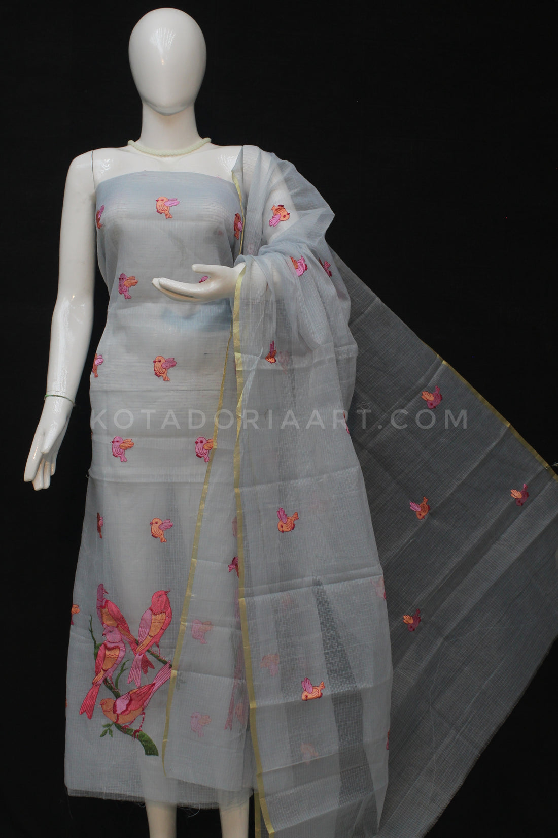 Gray Kota Doria Cotton Embroidery Work Dress Material