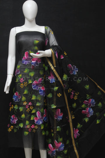 B6 - Black Kota Doria Cotton Hand Pented Dress Material With Bottom.