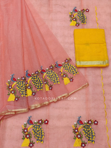 Peach Cotton Kota Doria Embroidery Work Saree With Contrast Blouse Piece