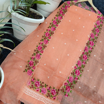 Peach Doria Cotton Embroidery Work Dress Material