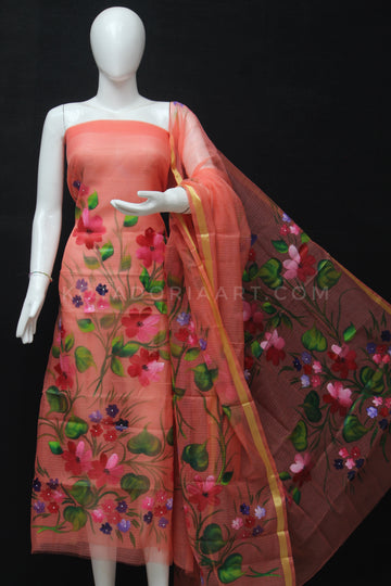 Carrot Kota Doria Cotton Hand Pented Dress Material With Bottom.