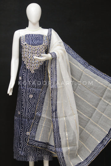 Blue Bandhej Kota Doria Cotton Gota-Patti Work Dress Material