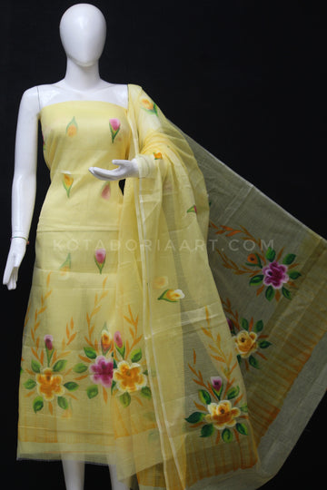 Yellow Kota Doria Cotton Hand Pented Dress Material With Bottom.