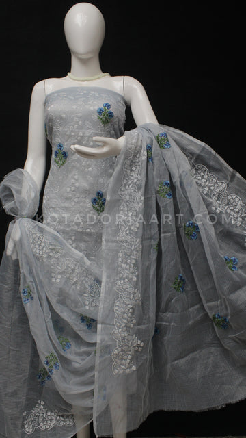 Gray Kota Doria Cotton Embroidery Work Dress Material -