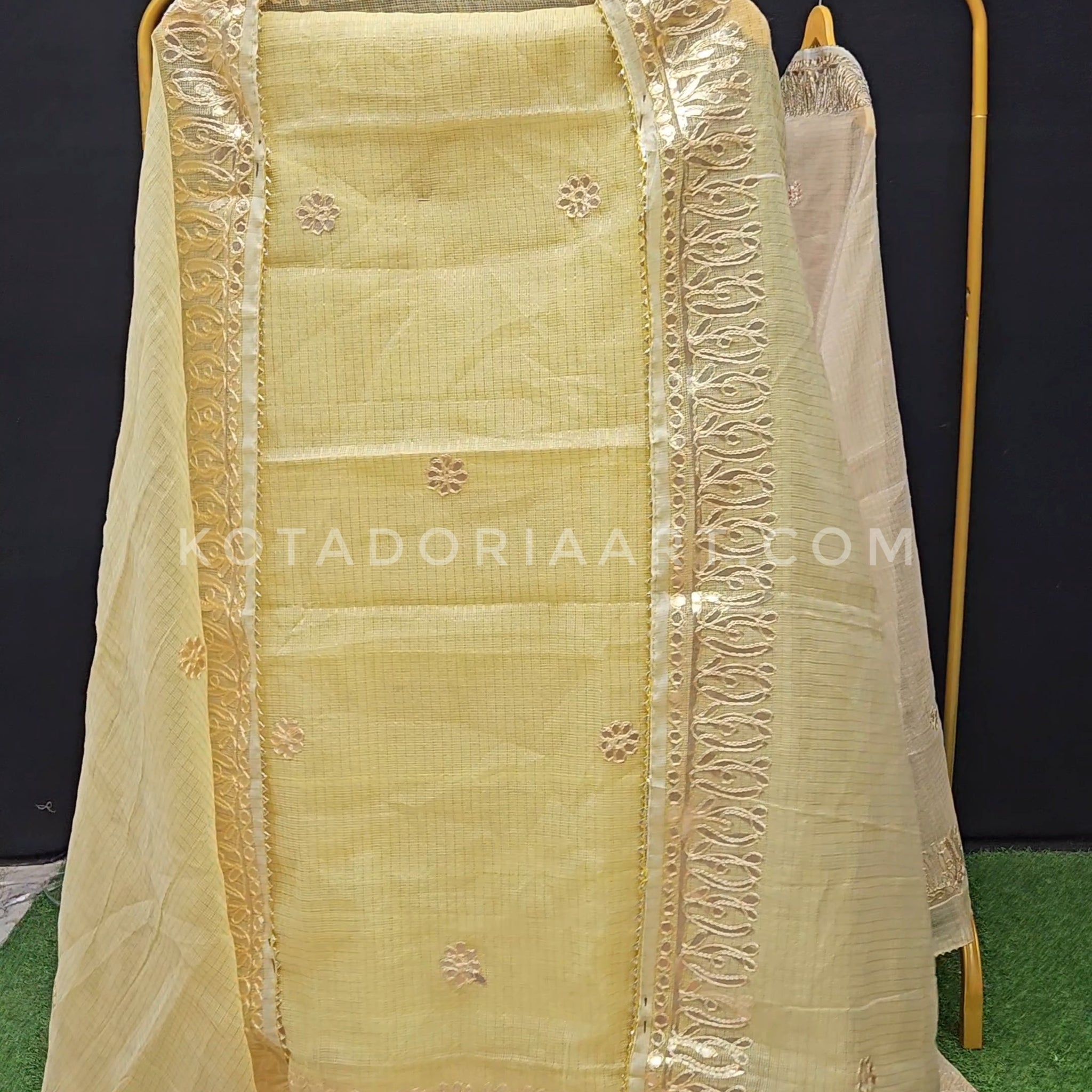 Lemon Kota Doria Cotton Gota-Patti Work Dress Material with Bottom