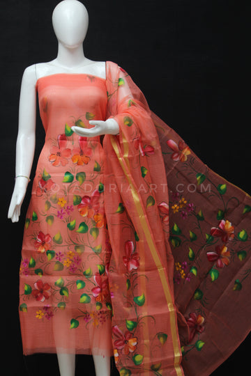 Carrot Kota Doria Cotton Hand Pented Dress Material With Bottom.