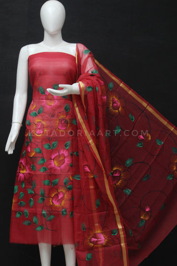 Red Kota Doria Cotton Hand Pented Dress Material With Bottom.