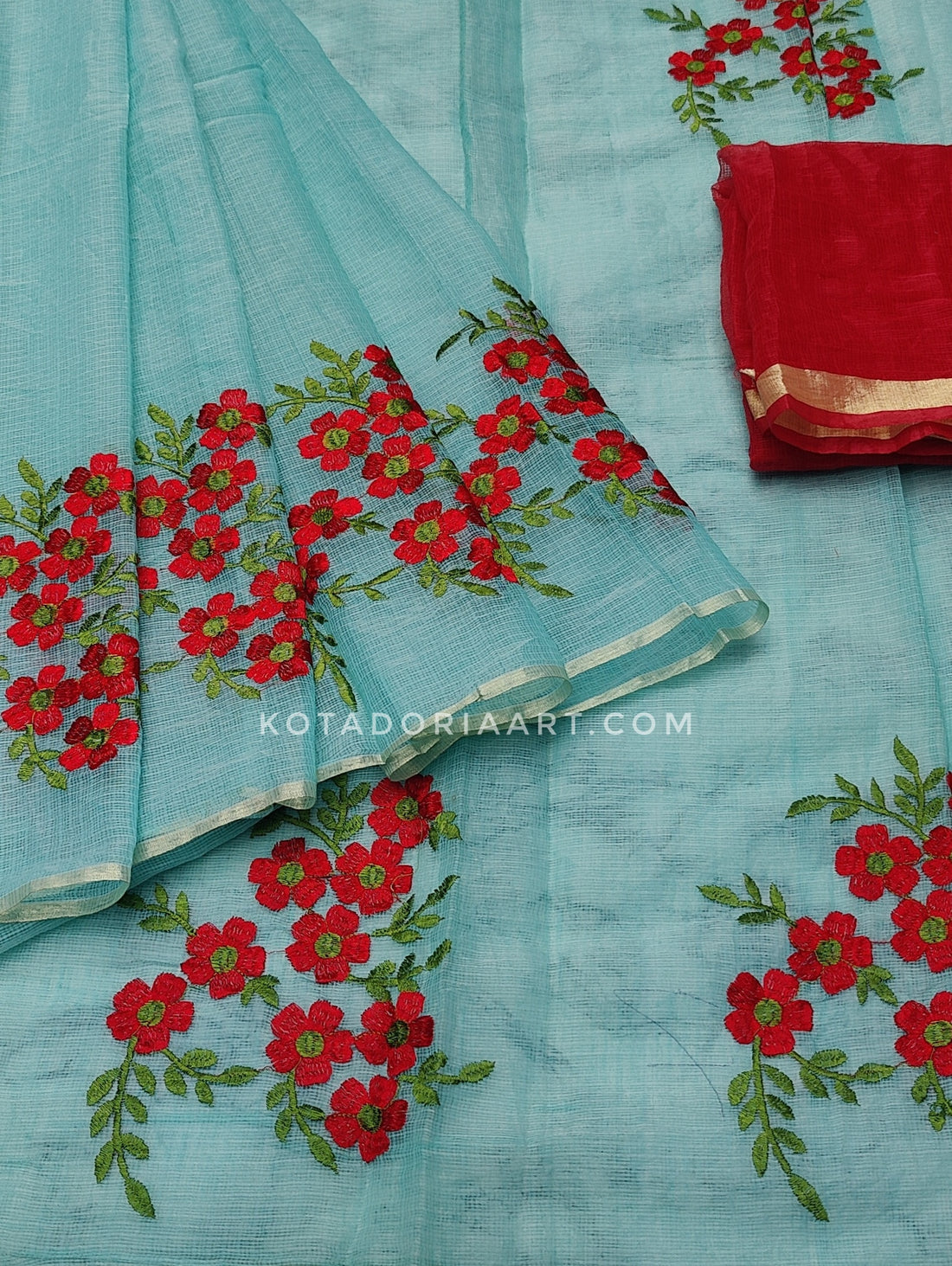 Sea-green Cotton Kota Doria Embroidery Work Saree With Contrast Blouse Piece