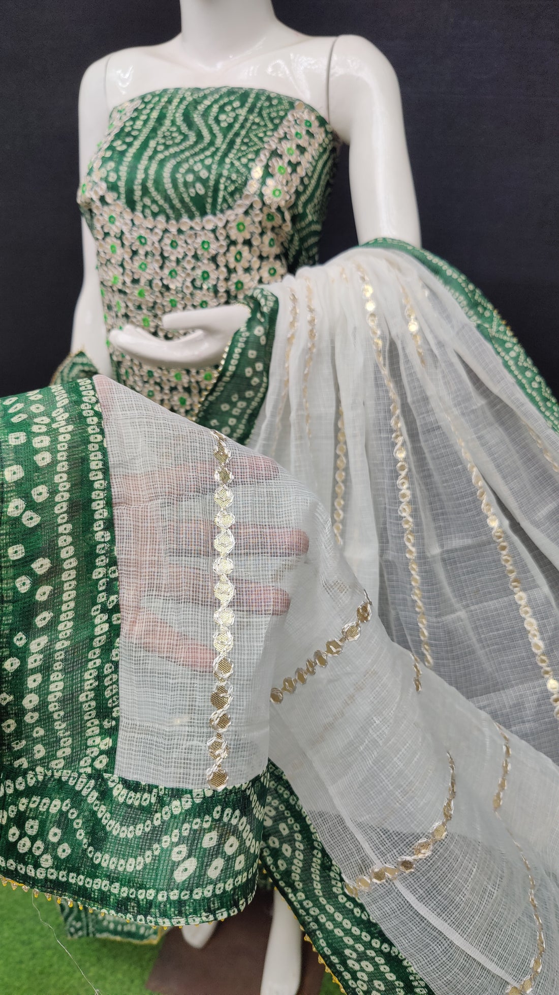 Green Bandhej Kota Doria Cotton Gota-Patti Work Dress Material