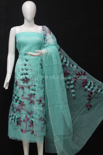 Sea Green Kota Doria Cotton Hand Pented Dress Material With Bottom.