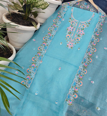 Sky-blue Doria Cotton Embroidery Work Dress Material