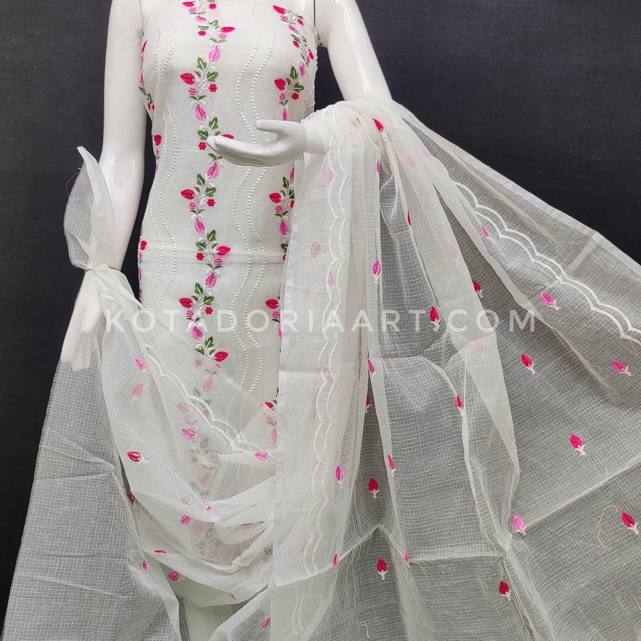 White Kota Doria Cotton Embroidery Work Dress Material