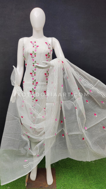 White Kota Doria Cotton Embroidery Work Dress Material