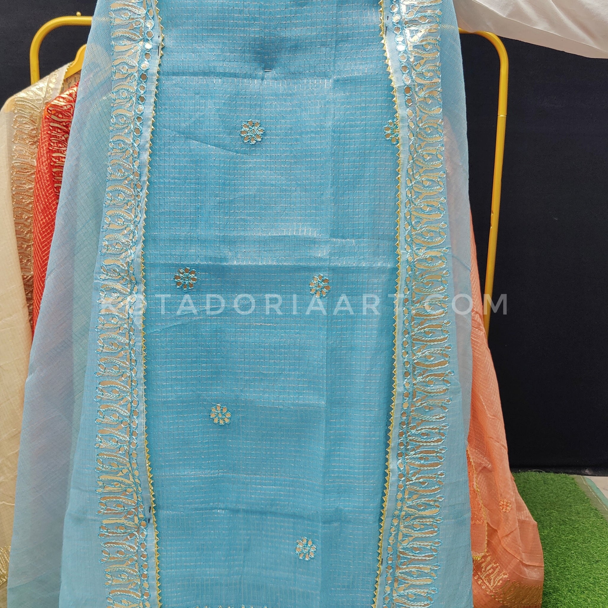 Sky-blue Kota Doria Cotton Gota-Patti Work Dress Material with Bottom