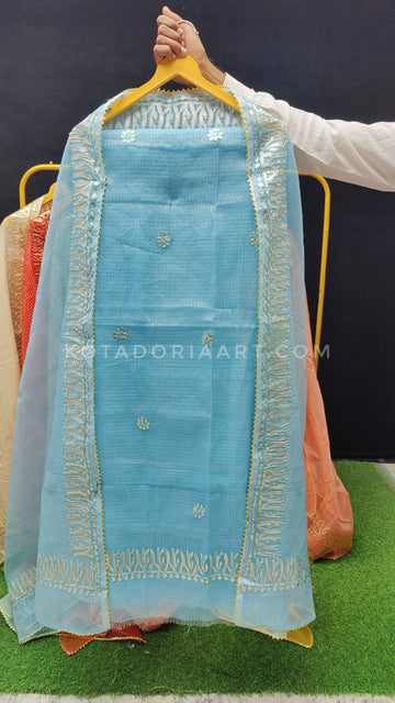 Sky-blue Kota Doria Cotton Gota-Patti Work Dress Material with Bottom