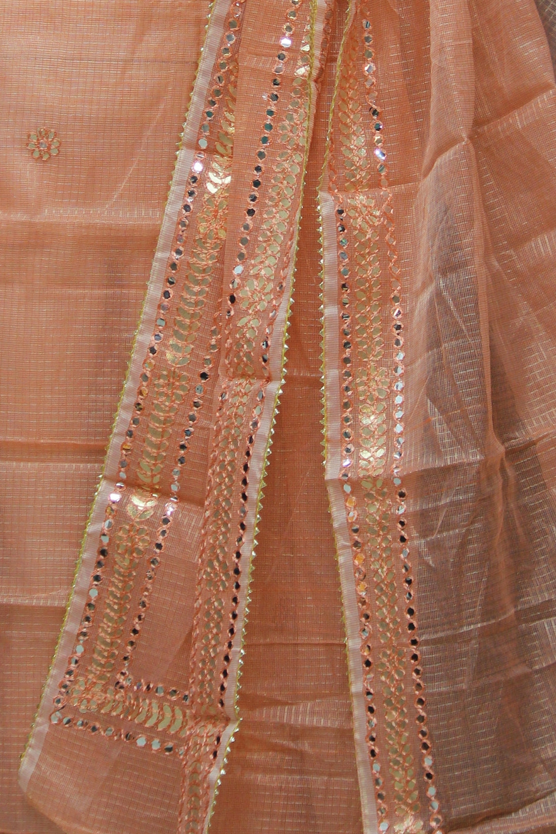 Peach Kota Doria Cotton Gota-Patti Work Dress Material with Bottom