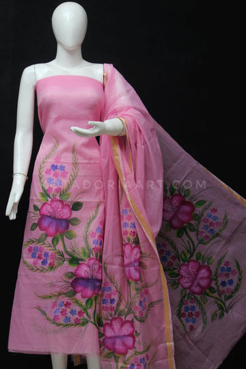 B4 - Pink Kota Doria Cotton Hand Pented Dress Material With Bottom.