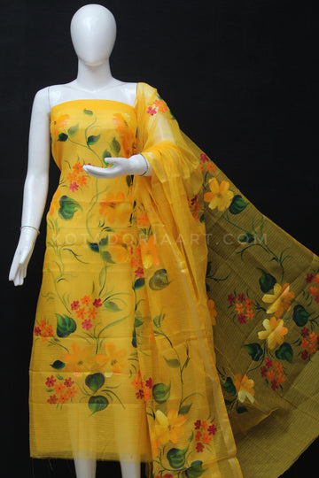 Yellow Kota Doria Cotton Hand Pented Dress Material With Bottom.