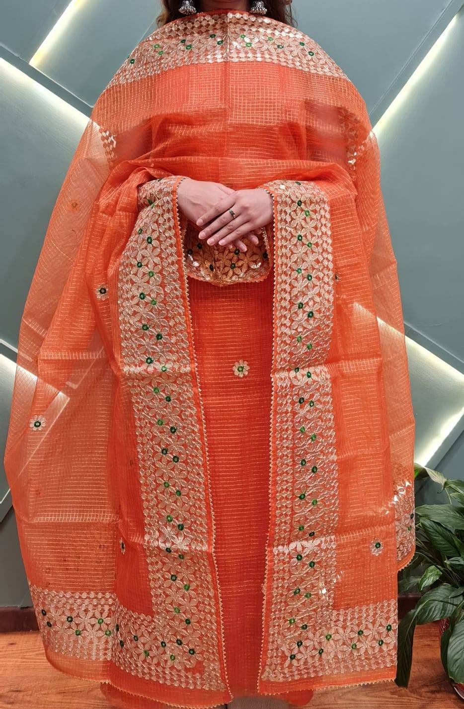 Dark Orange Kota Doria Cotton Gota-Patti Work Dress Material With Bottom.