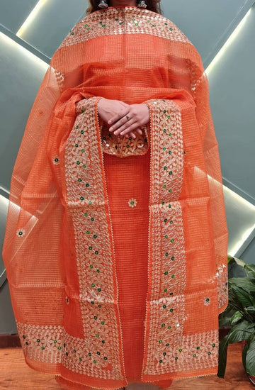 Dark Orange Kota Doria Cotton Gota-Patti Work Dress Material With Bottom.