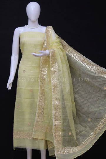 Lemon Kota Doria Cotton Gota-Patti Work Dress Material with Bottom