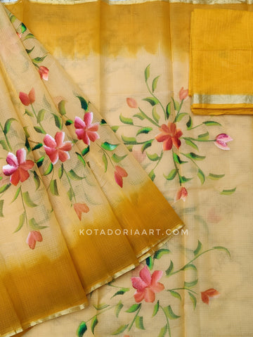 Badge Cotton Kota Doria Hand Painted Saree With Contrast Blouse