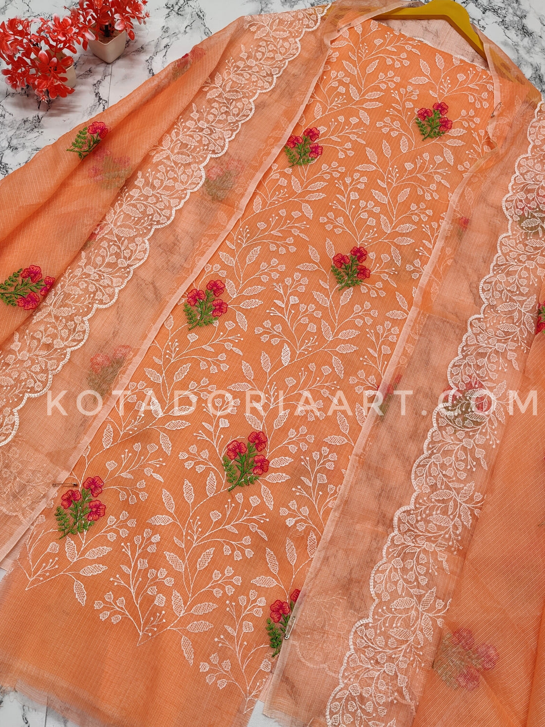 Orange Kota Doria Cotton Embroidery Work Dress Material -