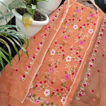 Orange Kota Doria Cotton Embroidery Work Dress Material