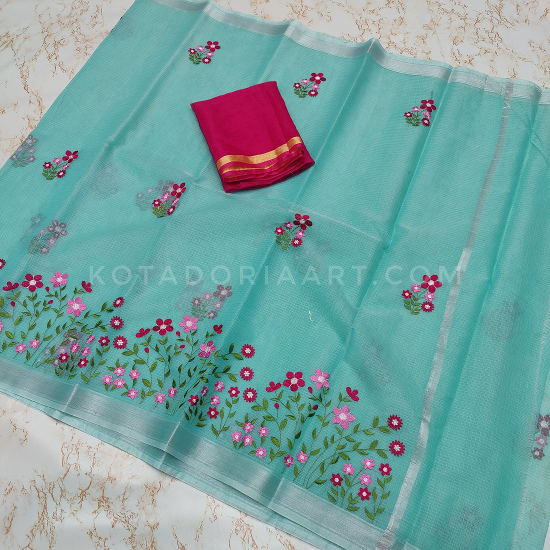 Sea-green Cotton Kota Doria Embroidery Work Saree With Contrast Blouse Piece