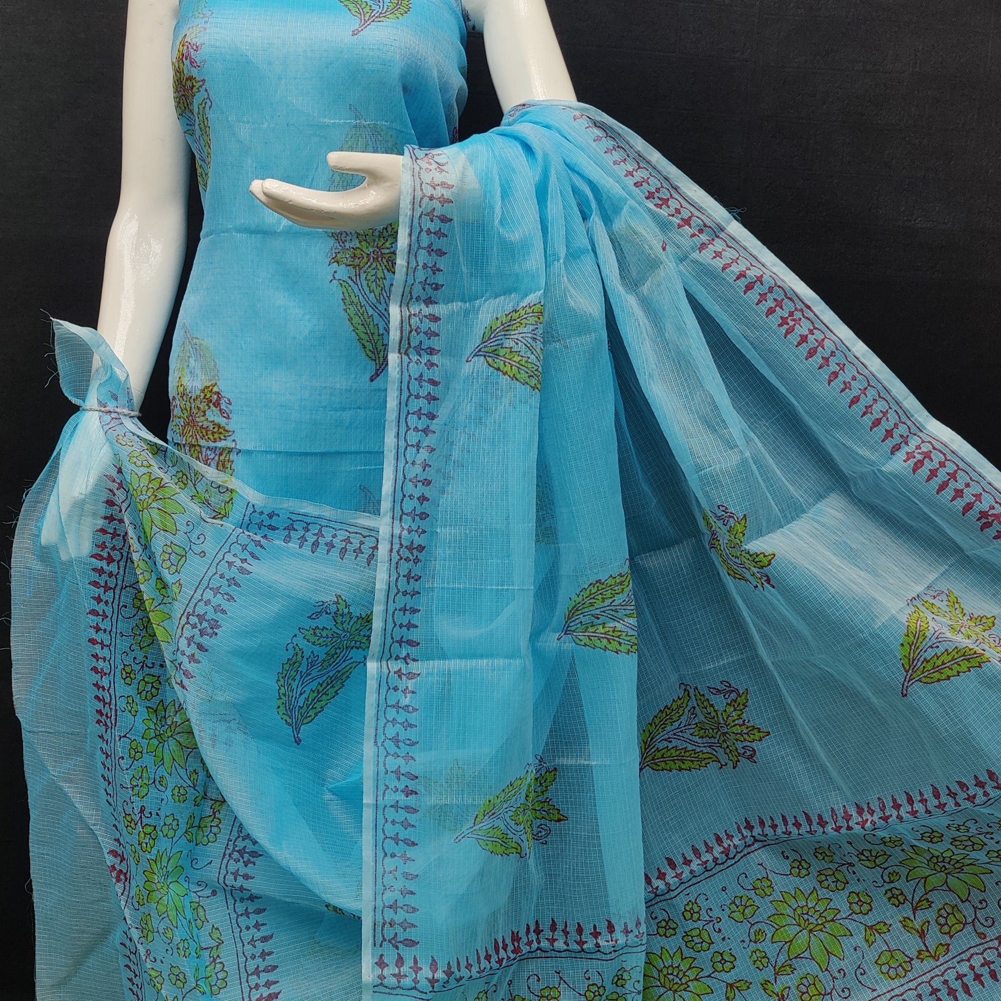 Sky-blue Kota Doria Cotton Block Printed Dress Material