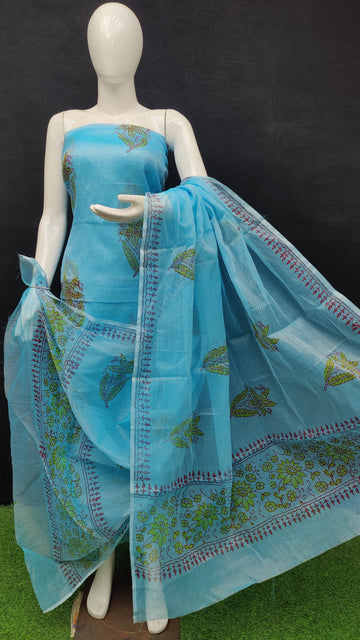 Sky-blue Kota Doria Cotton Block Printed Dress Material