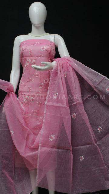 Pink Kota Doria Cotton Embroidery Work Dress Material -