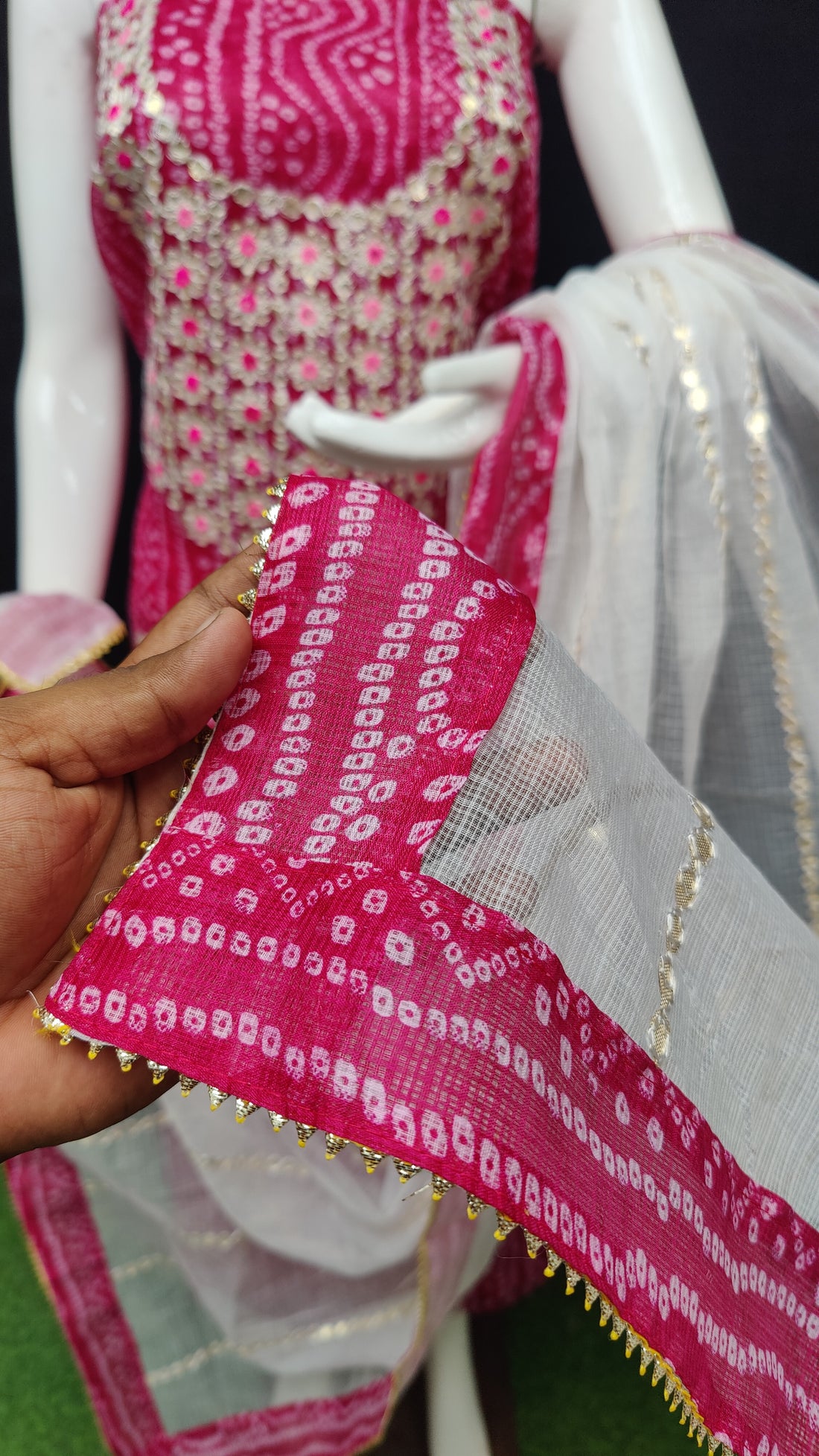 Raani Bandhej Kota Doria Cotton Gota-Patti Work Dress Material
