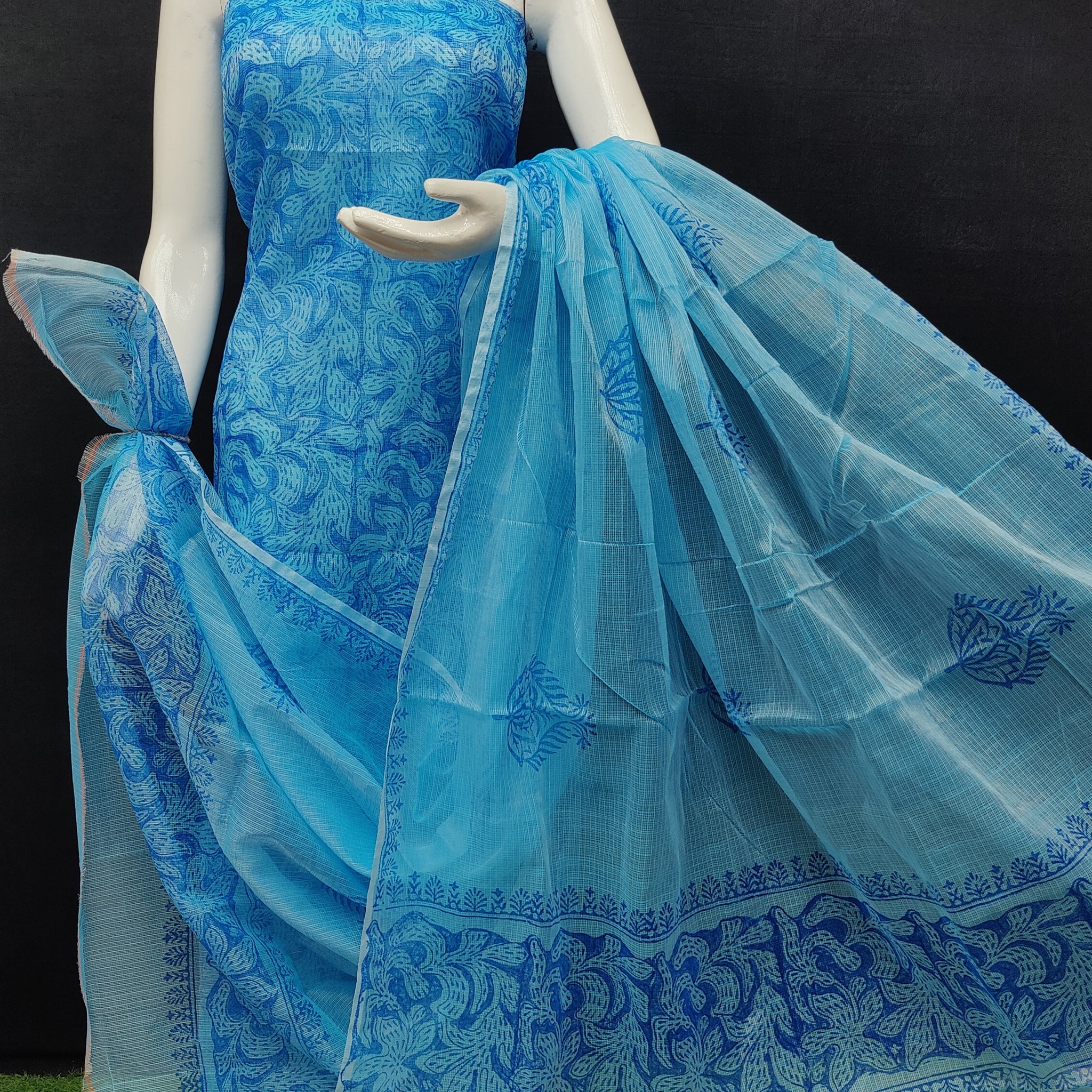 Sky-blue Kota Doria Cotton Block Printed Dress Material
