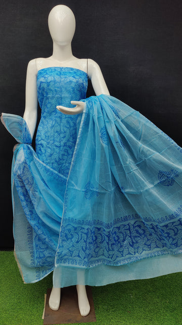 Sky-blue Kota Doria Cotton Block Printed Dress Material