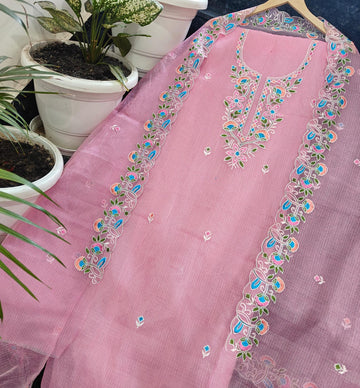 Pink Doria Cotton Embroidery Work Dress Material