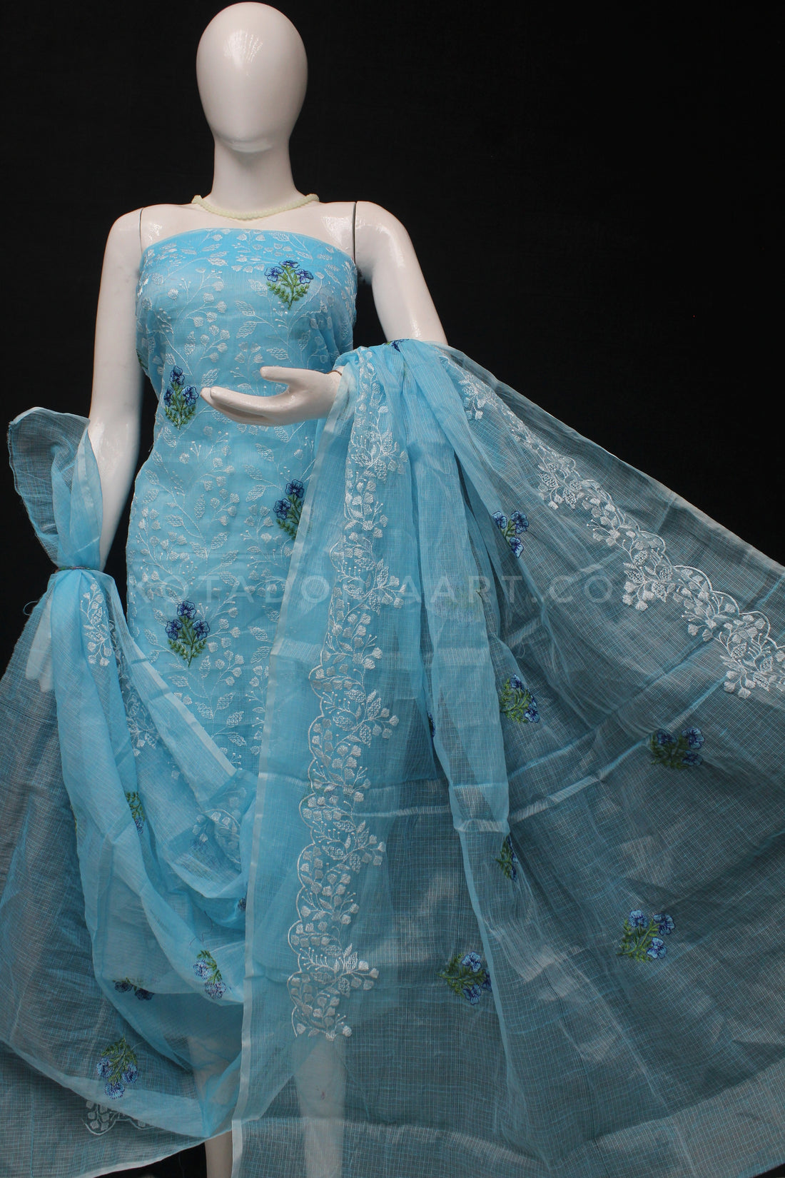 Sky-blue Kota Doria Cotton Embroidery Work Dress Material
