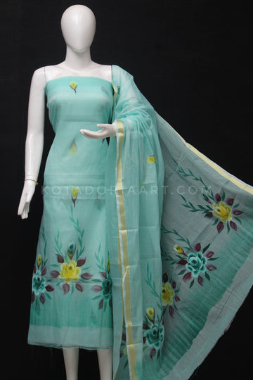 Sea Green Kota Doria Cotton Hand Pented Dress Material With Bottom.