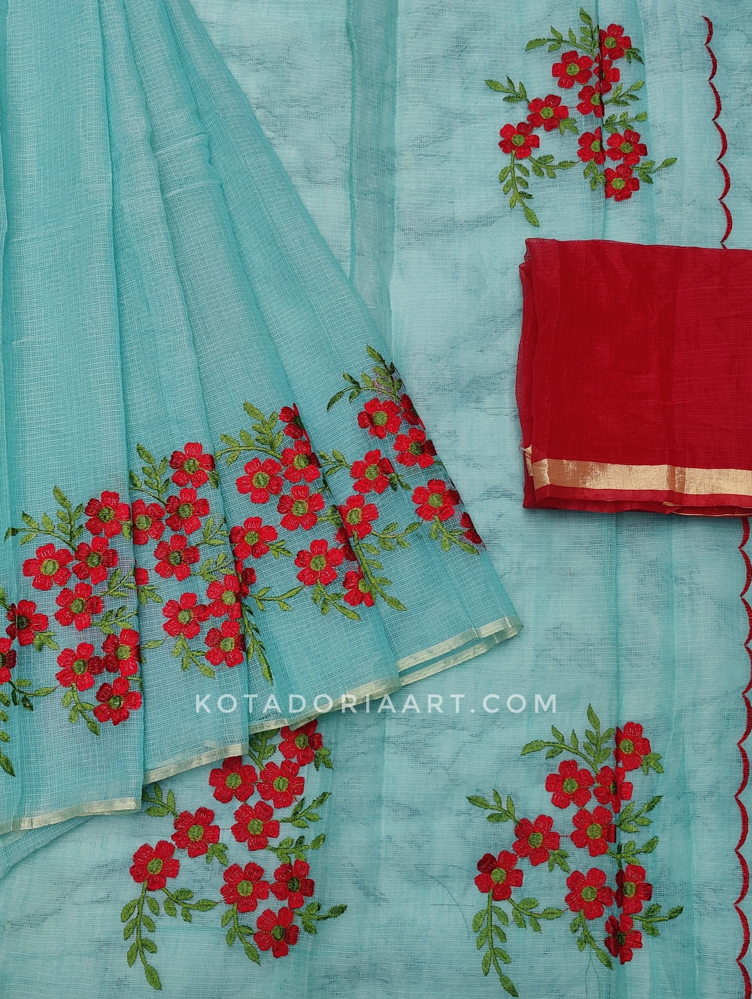 Sea-green Cotton Kota Doria Embroidery Work Saree With Contrast Blouse Piece