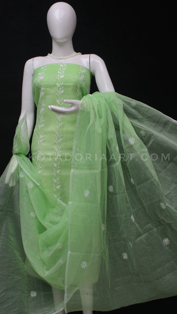 Green Kota Doria Cotton Embroidery Work Dress Material