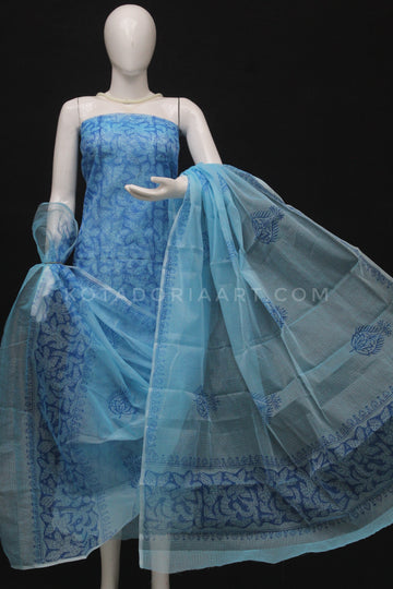 Sky-blue Kota Doria Cotton Block Printed Dress Material