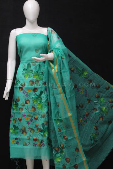 Sea Green Kota Doria Cotton Hand Pented Dress Material With Bottom.