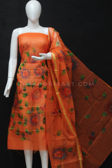 Orange Rani Black Kota Doria Cotton Hand Pented Dress Material With Bottom.