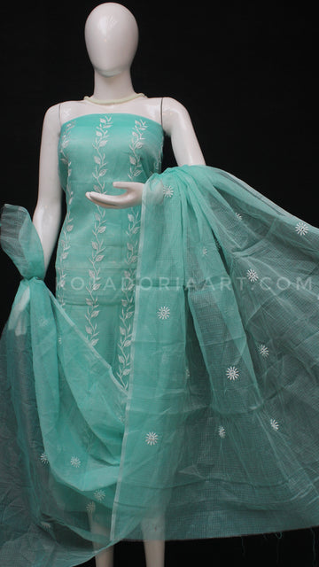 Sea-Green Kota Doria Cotton Embroidery Work Dress Material