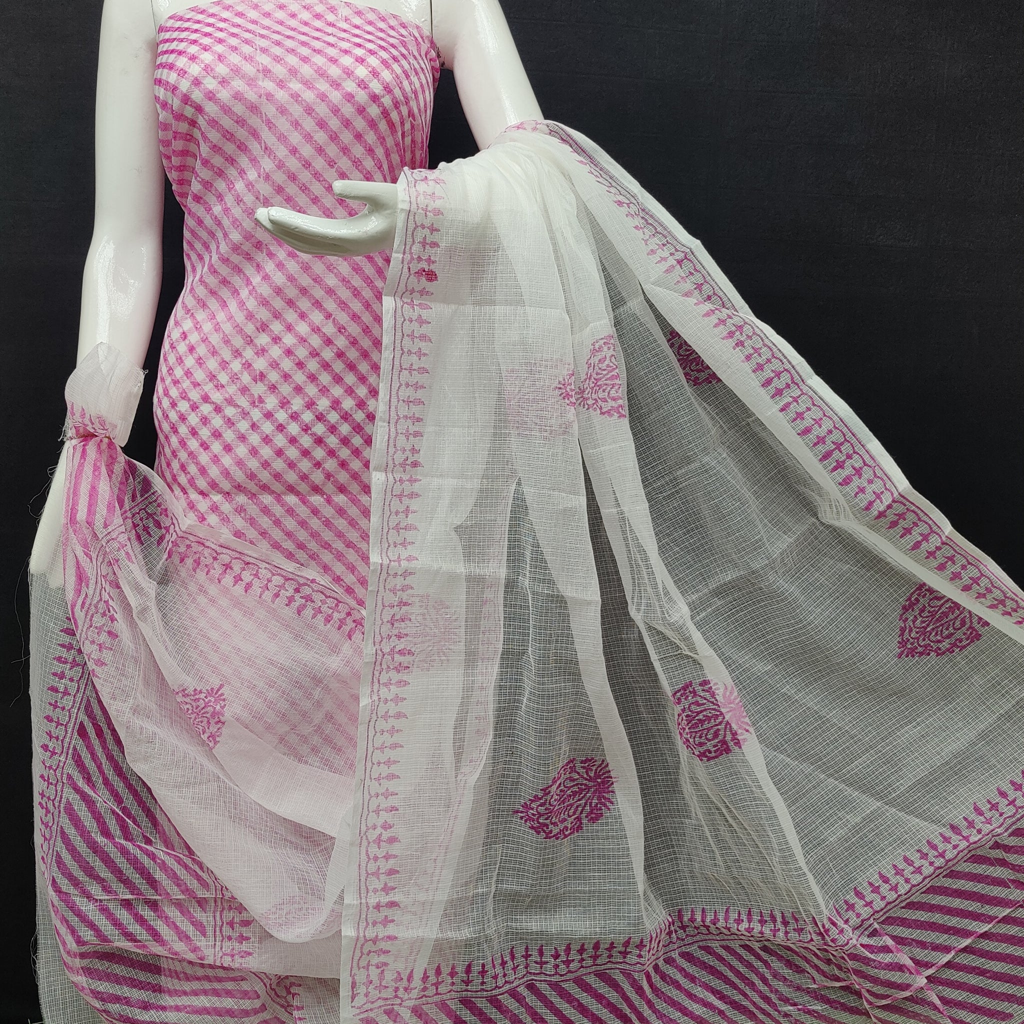 Pink lehriya Kota Doria Cotton Block Printed Dress Material