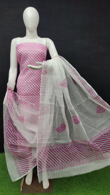 Pink lehriya Kota Doria Cotton Block Printed Dress Material