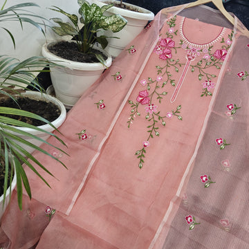 Peach Kota Doria Cotton Embroidery Work Dress Material