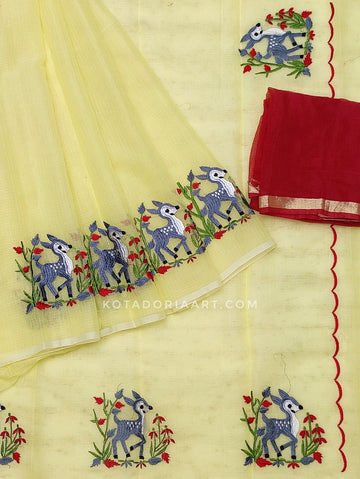 Lemon Cotton Kota Doria Embroidery Work Saree With Contrast Blouse Piece